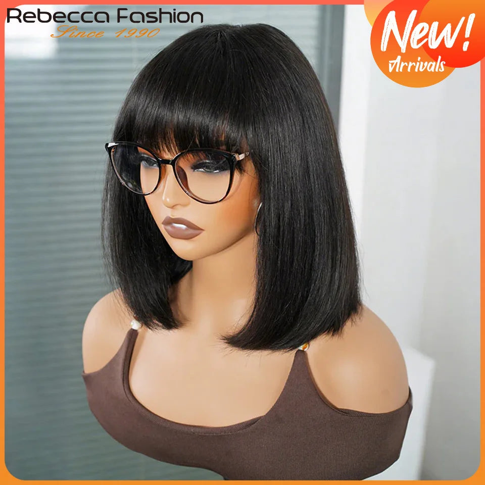 Rebecca Straight Bob Lace Wigs Glueless Straight Human Hair Wigs With Bangs Fringe Middle Part Bob Lace Wigs Realistic Scalp