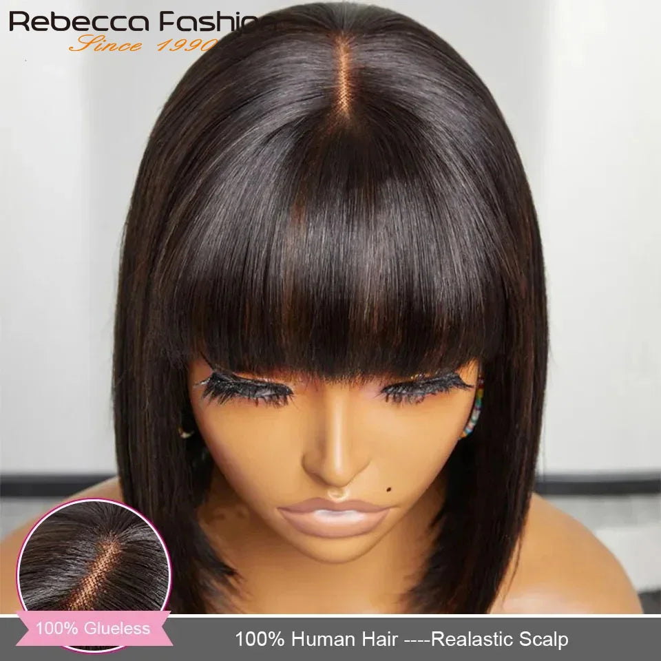 Rebecca Straight Bob Lace Wigs Glueless Straight Human Hair Wigs With Bangs Fringe Middle Part Bob Lace Wigs Realistic Scalp