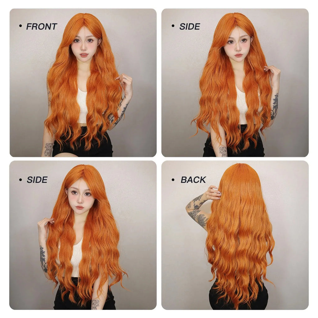 Long Water Wave Orange Synthetic Wigs for Women Wavy Natural Hair Wigs with Long Bangs Cosplay Party Wigs Heat Resistant