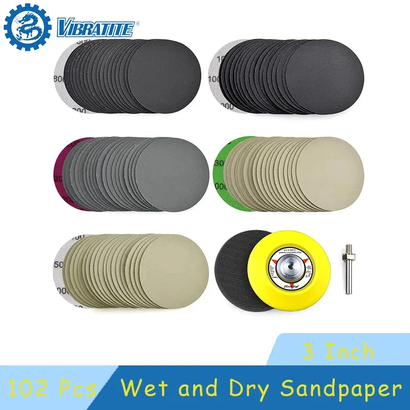 3 Inch Wet and Dry Sanding Paper 102 Pcs Assorted 800-5000 Grit Silicon Carbide with 1/4 inch Shank Sanding Pad Buffering Pad