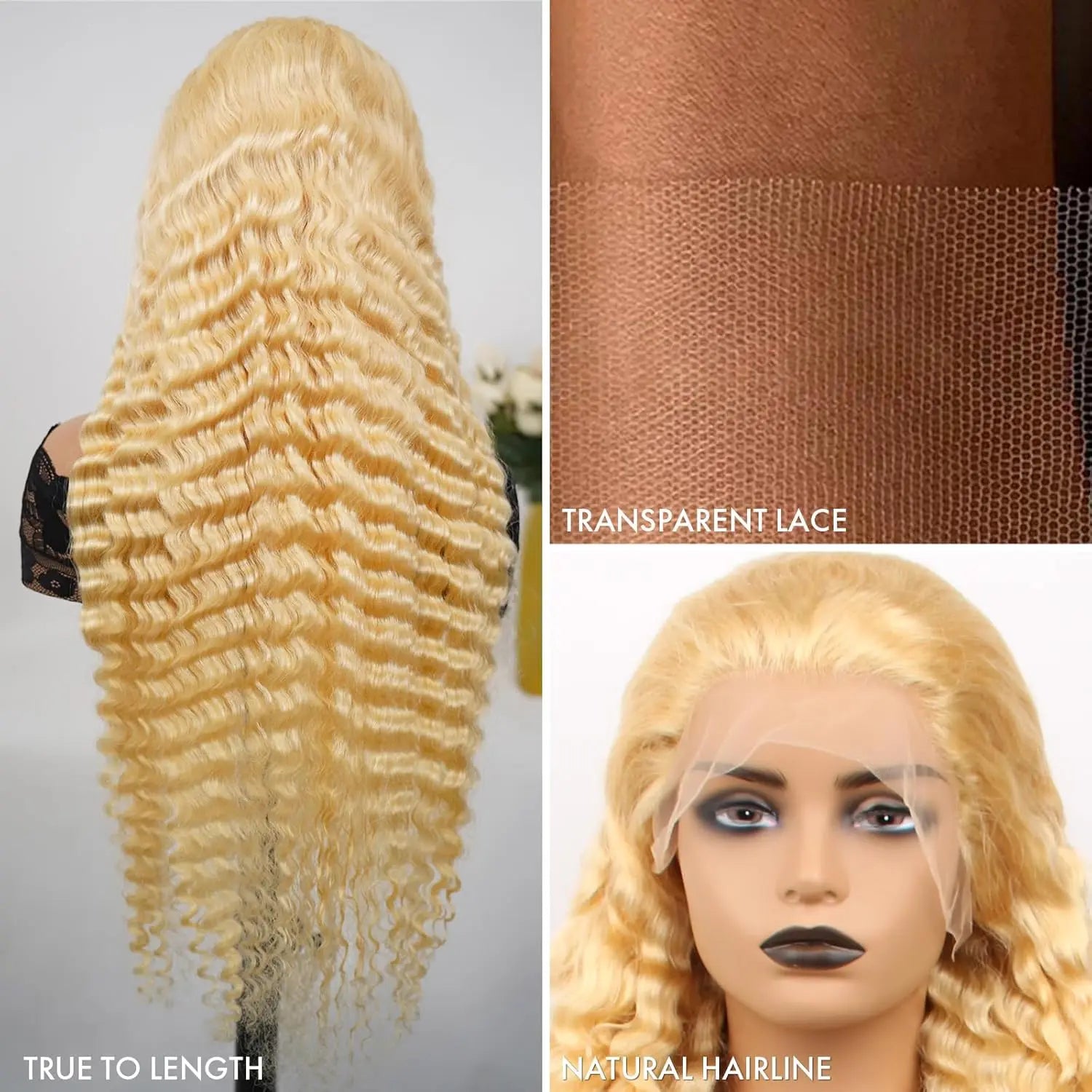 613 Lace Front Human Hair Curly Wig 180% Density 40Inch Honey Blonde Deep Wave Human Hair Wig 13x6 HD Transparent Lace Front Wig