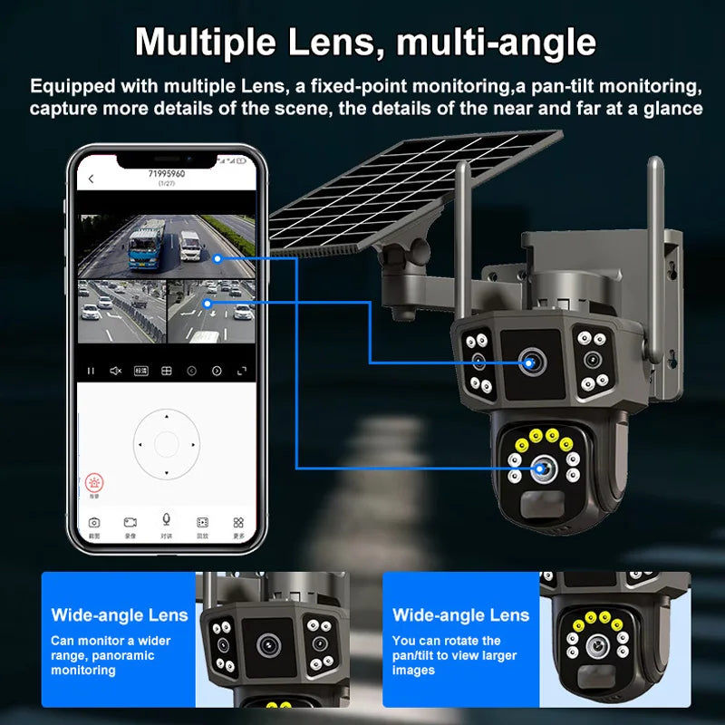 4K 8MP Solar Camera 4G SIM /WIFI Security Outdoor Dual Lens 3 Screens Recording Humanoid Tracking Color Night Vision PTZ Cam