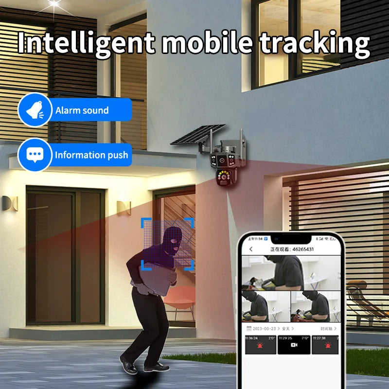 4K 8MP Solar Camera 4G SIM /WIFI Security Outdoor Dual Lens 3 Screens Recording Humanoid Tracking Color Night Vision PTZ Cam