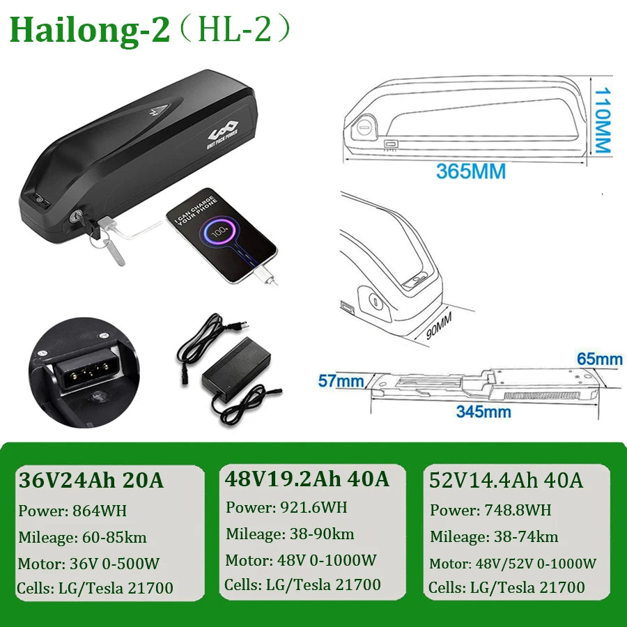 21700 DownTube Ebike Battery Hailong 36V 48V 52V 14.4Ah 19.2Ah Electric Bicycle Pack for 1500W 1000W 750W 500W  350W 250W Motor