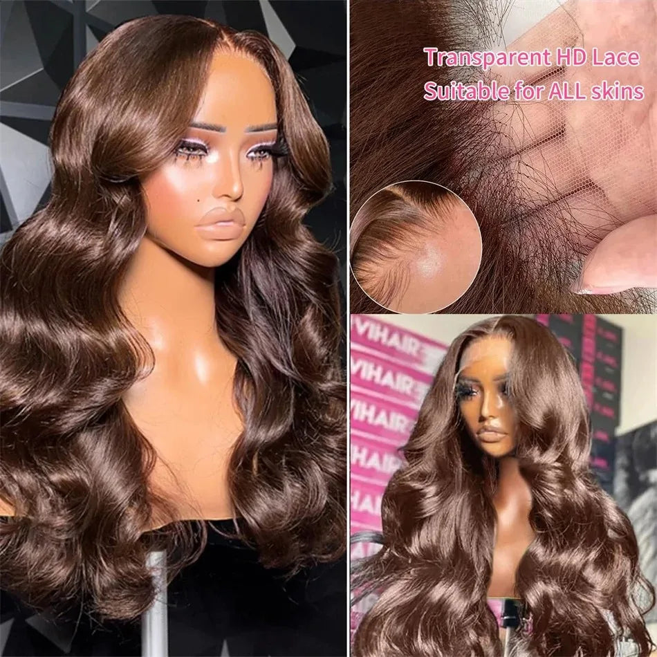 13x6 Chocolate Brown Lace Front Wig 40 Inch HD Transparent  Lace Frontal Wig  100% Colored Preplucked Body Wave Human Hair Wigs