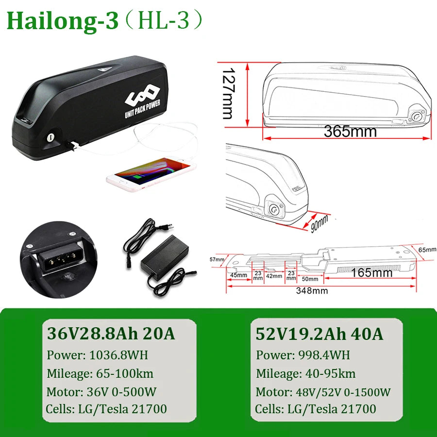 21700 DownTube Ebike Battery Hailong 36V 48V 52V 14.4Ah 19.2Ah Electric Bicycle Pack for 1500W 1000W 750W 500W  350W 250W Motor